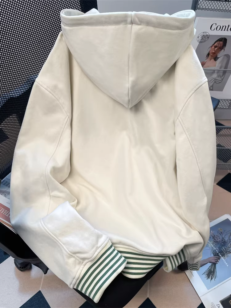 Áo khoác cardigan có mũ trùm đầu thêu phong cách retro Hàn Quốc dành cho nữ, mùa thu đông, kiểu dáng rộng rãi, phong cách lười biếng, áo khoác thường ngày