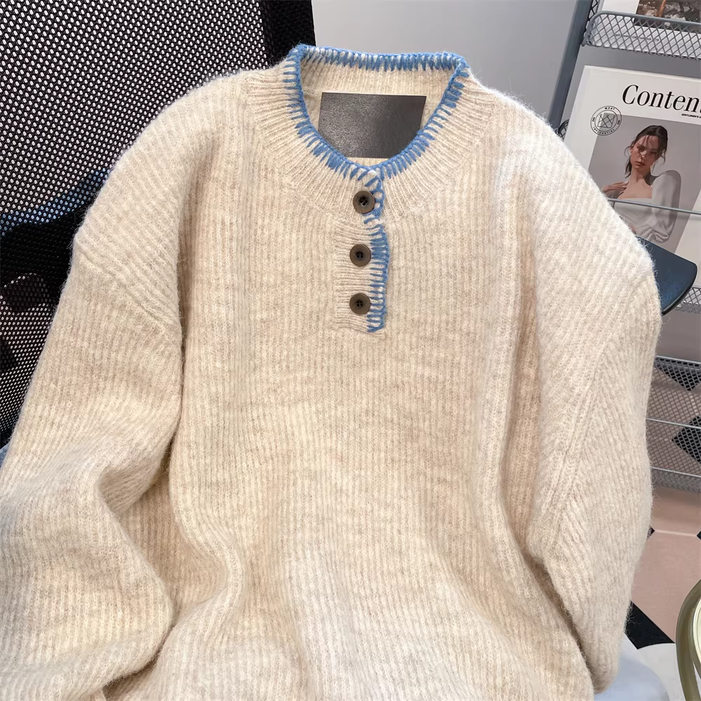 Áo len cổ Henry kiểu dáng gọn gàng kiểu Mỹ dành cho nữ, mùa thu đông, kiểu dáng lười biếng và dày dặn, áo dệt kim dài tay mềm mại.