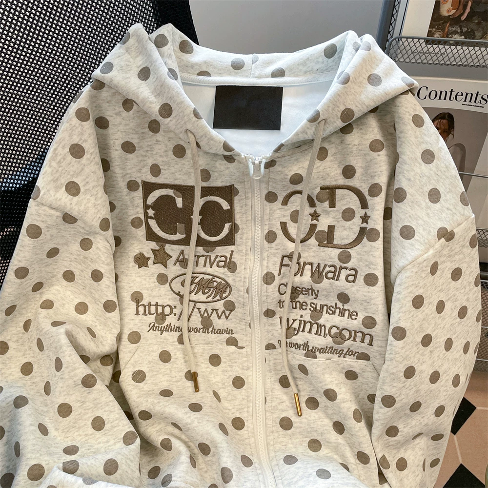 Áo khoác có mũ trùm đầu thêu chữ chấm bi phong cách Mỹ dành cho nữ, áo khoác hoodie có khóa kéo dáng rộng giản dị mùa xuân và mùa thu