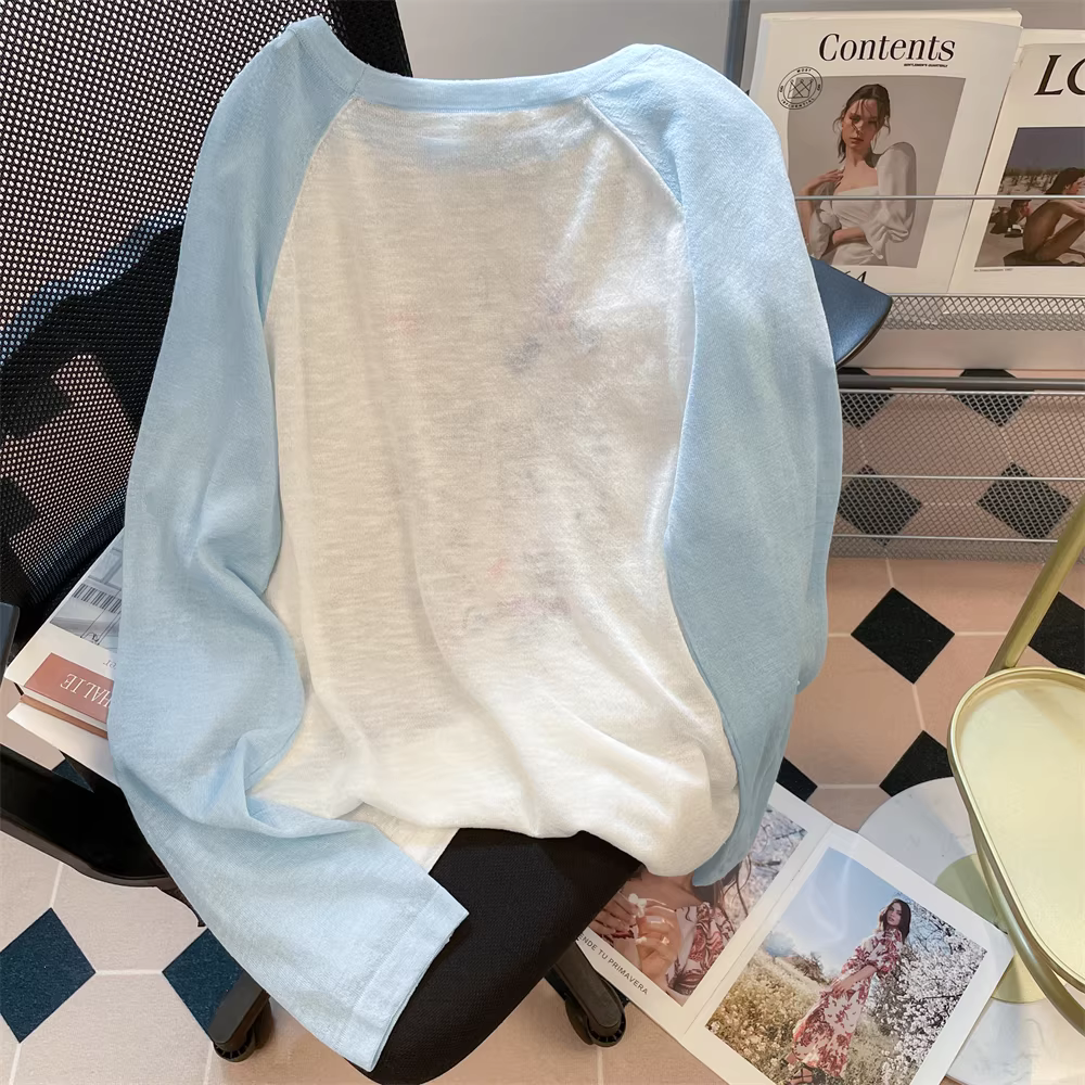 Áo thun chống nắng phong cách hoạt hình vui nhộn kiểu Hàn Quốc dành cho nữ, áo dài tay raglan phối ren thoải mái mùa hè