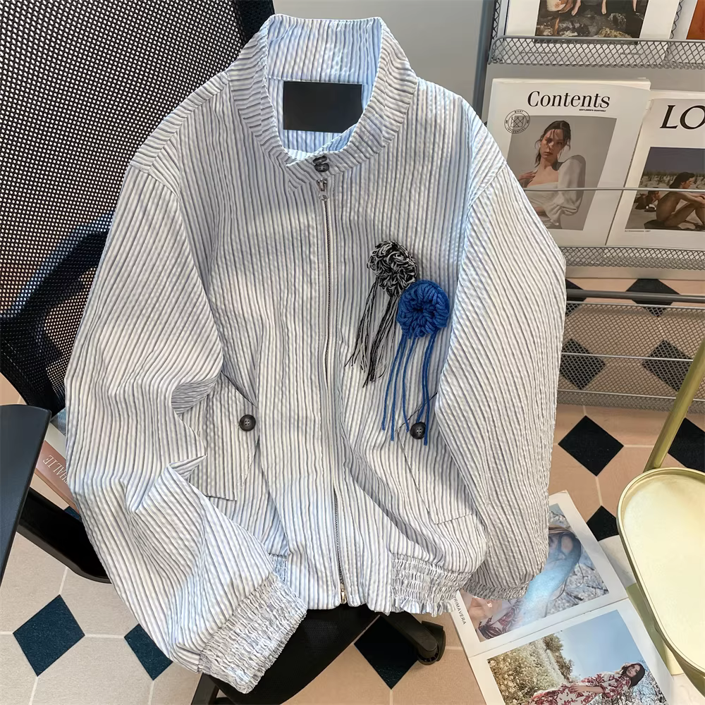 Áo khoác sọc hoa retro Harrington dành cho nữ, trang phục cặp đôi phong cách Hồng Kông, áo khoác thiết kế gọn gàng