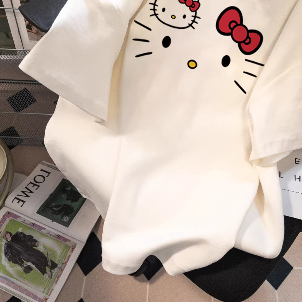 Áo thun cotton nguyên chất Hello Kitty dễ thương kiểu Nhật dành cho nữ, áo thun ngắn tay dáng rộng và đa năng mùa hè 2025
