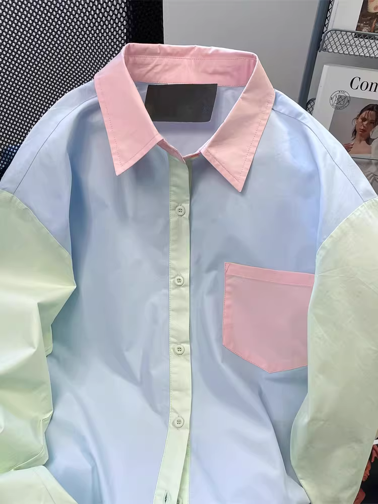 Áo sơ mi dài tay phối màu dopamine phong cách Hồng Kông dành cho nữ, đầu thu, áo khoác ngoài giản dị, thoải mái và thư giãn