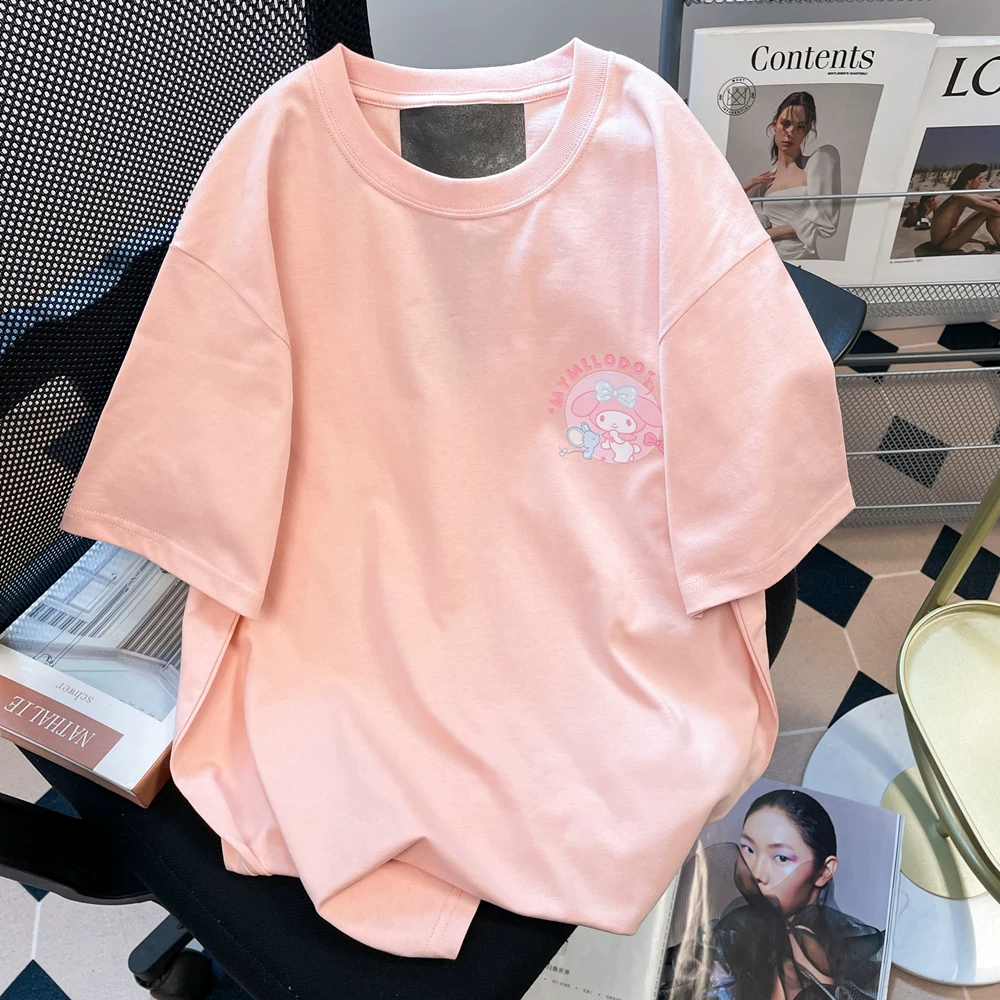 Áo thun ngắn tay Melody hoạt hình dễ thương màu hồng dành cho nữ, phong cách mùa hè Hàn Quốc, ngọt ngào, trẻ trung, sành điệu, vai thường, áo thường ngày
