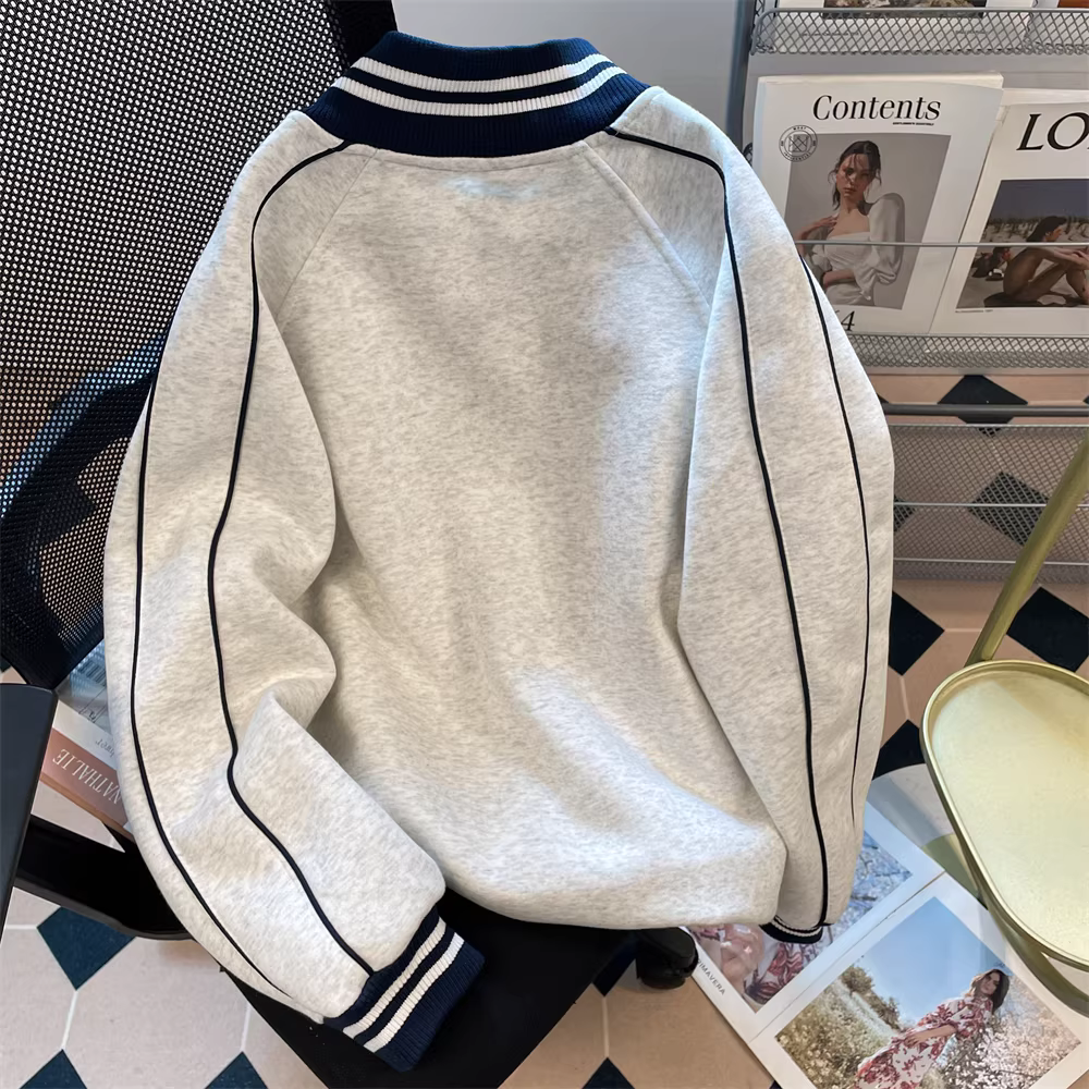 Áo khoác kiểu Mỹ dáng rộng, phong cách lười biếng, cổ đứng dành cho nữ, áo khoác thể thao giản dị mùa thu dành cho cặp đôi, áo khoác bóng chày