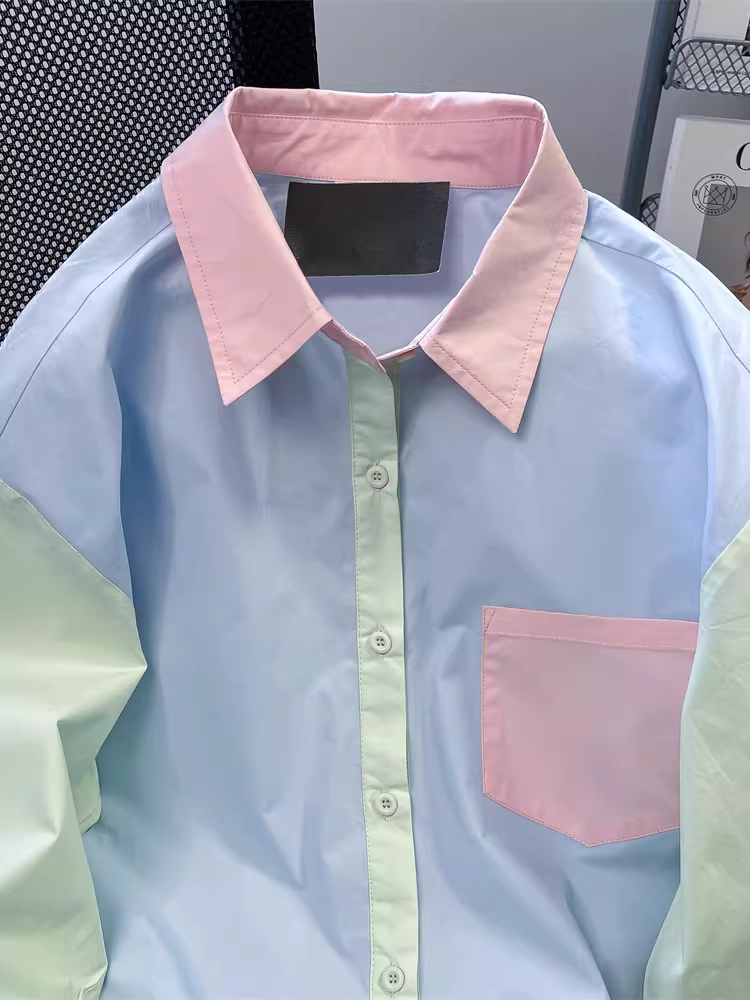 Áo sơ mi dài tay phối màu dopamine phong cách Hồng Kông dành cho nữ, đầu thu, áo khoác ngoài giản dị, thoải mái và thư giãn