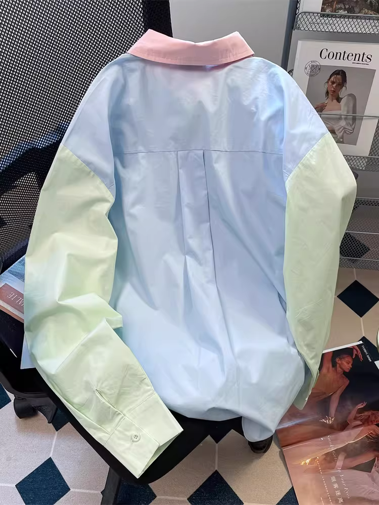 Áo sơ mi dài tay phối màu dopamine phong cách Hồng Kông dành cho nữ, đầu thu, áo khoác ngoài giản dị, thoải mái và thư giãn