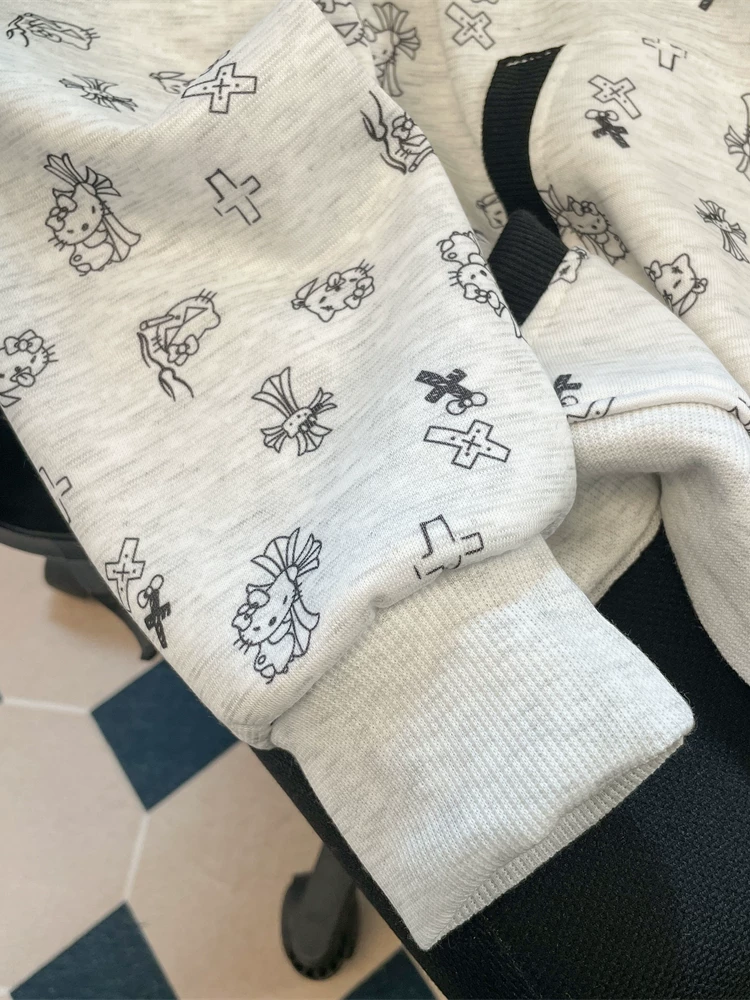 Áo nỉ có mũ trùm đầu in hình mèo KT dễ thương theo phong cách Mỹ dành cho nữ, áo khoác cardigan có khóa kéo lót lông phong cách đại học cổ điển mùa thu đông