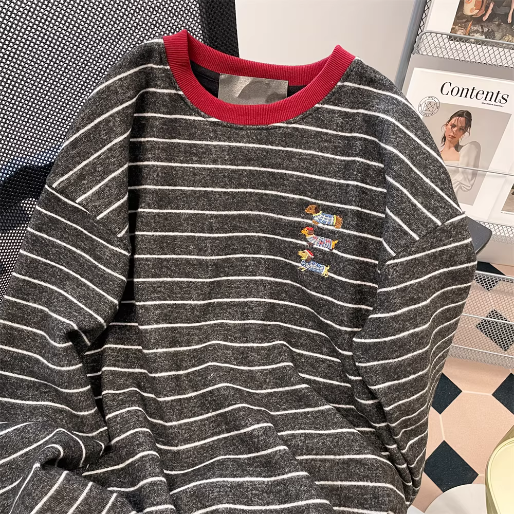 Áo thun lót lông cừu dày dặn phong cách Hàn Quốc dành cho nữ, áo dài tay thêu sọc phối màu mùa thu đông.