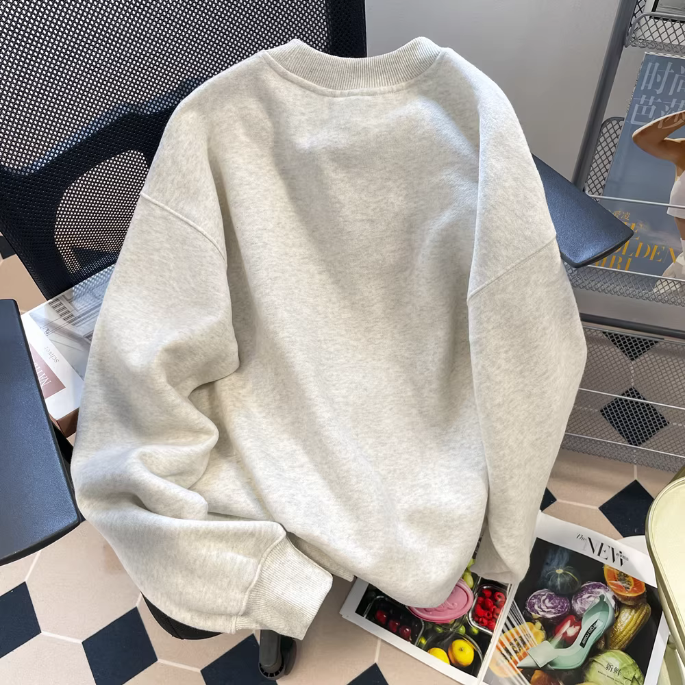 Áo len không mũ kiểu Mỹ INS Hong Kong phong cách retro dành cho nữ, màu xám mùa thu, phong cách lười biếng và thư giãn, áo dài tay dành cho cặp đôi.