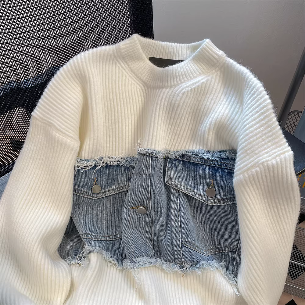 Áo khoác len denim phối vải kiểu Mỹ cổ điển dành cho nữ mùa thu đông, phong cách lười biếng, ngọt ngào và cá tính