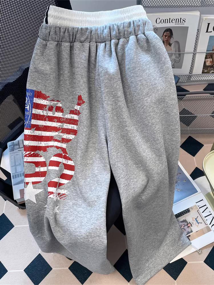 Quần thể thao dây rút hai eo kiểu Mỹ dành cho nữ, quần ống rộng đa năng phong cách cổ điển mùa thu