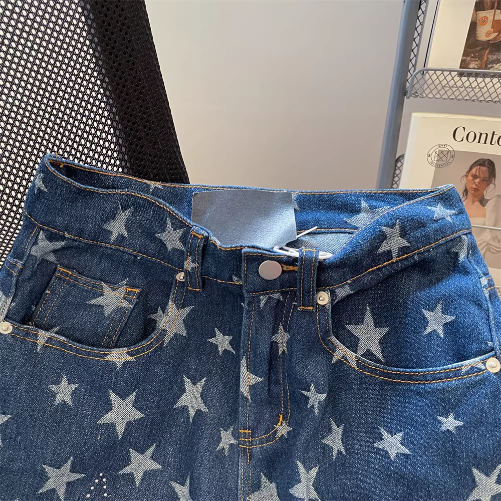 Quần ống rộng kiểu dáng retro Mỹ đính đá cho nữ, size lớn mùa hè, quần denim thoải mái và năng động.