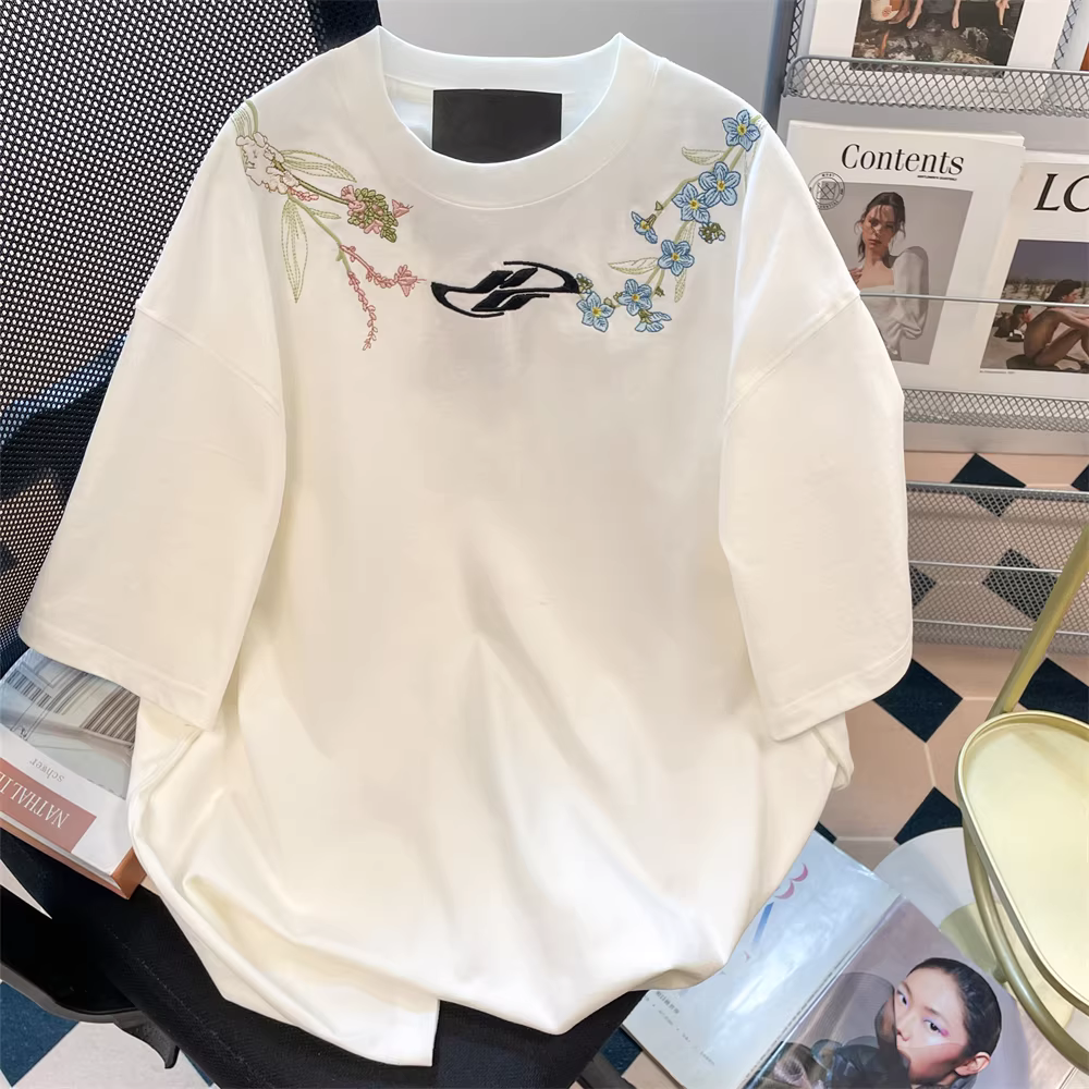 Áo thun ngắn tay thêu hoa kiểu Trung Quốc mới dành cho nữ, mặc cho cặp đôi, áo mùa hè độc đáo cao cấp của Mỹ