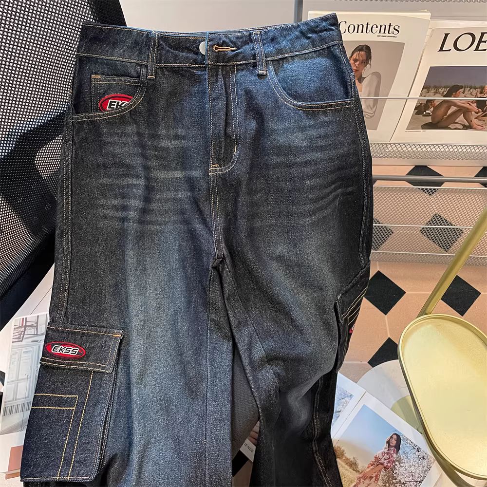 Quần ống rộng nhiều túi, cạp cao, kiểu dáng retro mùa hè, chất liệu jean, phong cách workwear, dành cho nữ, kiểu dáng Mỹ.
