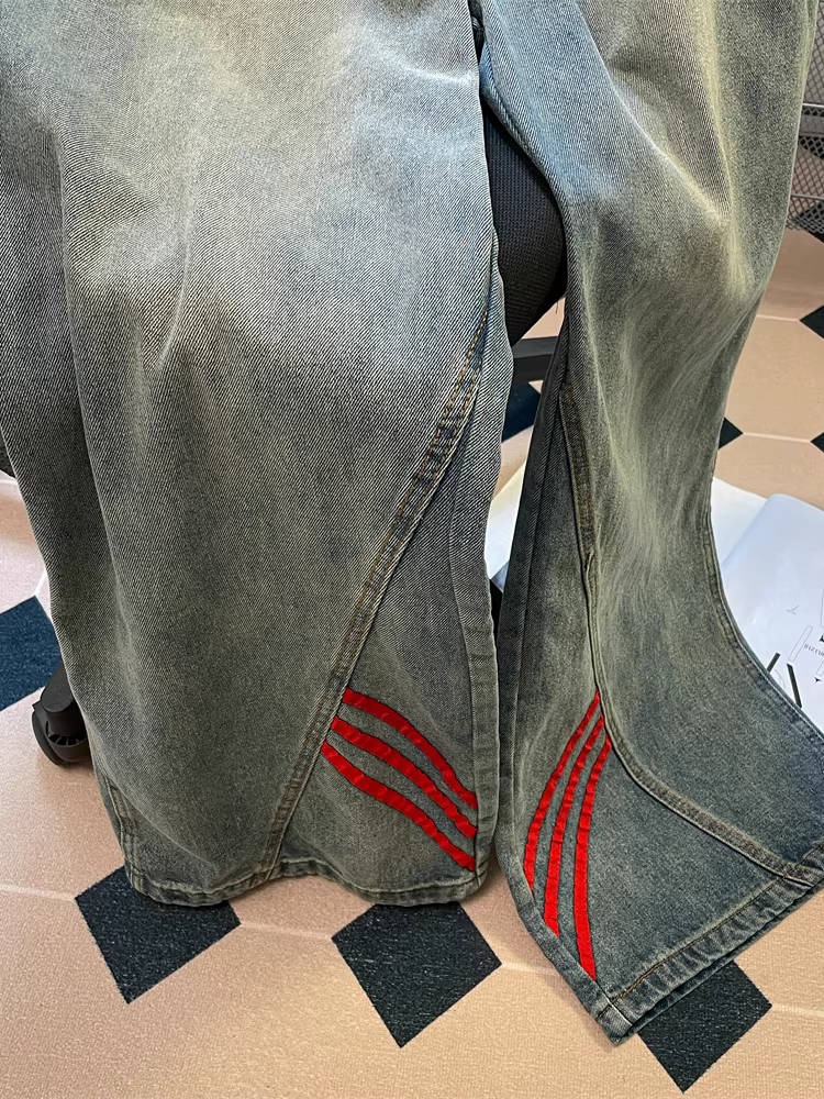 Quần jeans kiểu Mỹ, phối vải sọc, phong cách công nhân, dành cho nữ, mùa hè, ống rộng, cạp cao, size lớn, kiểu vintage, dài chạm sàn