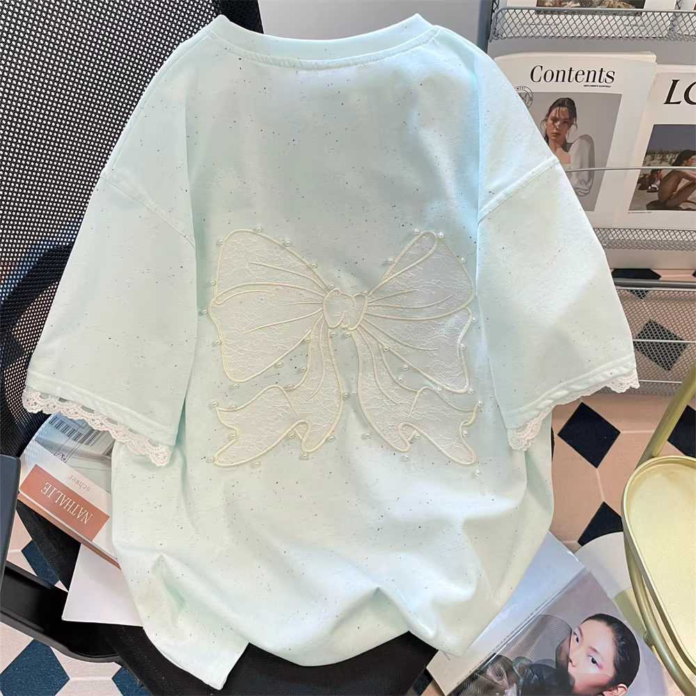 Áo thun ngắn tay thêu nặng Mint Manbo Green dành cho phụ nữ nhỏ nhắn, phong cách Hàn Quốc có nơ đính cườm, áo độc đáo và đẹp mắt