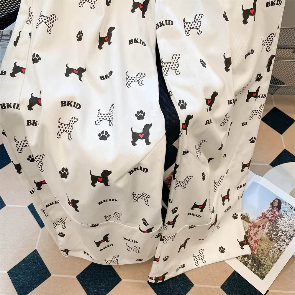 Quần ống rộng in họa tiết chó trắng dành cho nữ, quần ống rộng dáng thẳng kiểu cổ điển Mỹ mùa hè, cạp cao, tôn dáng