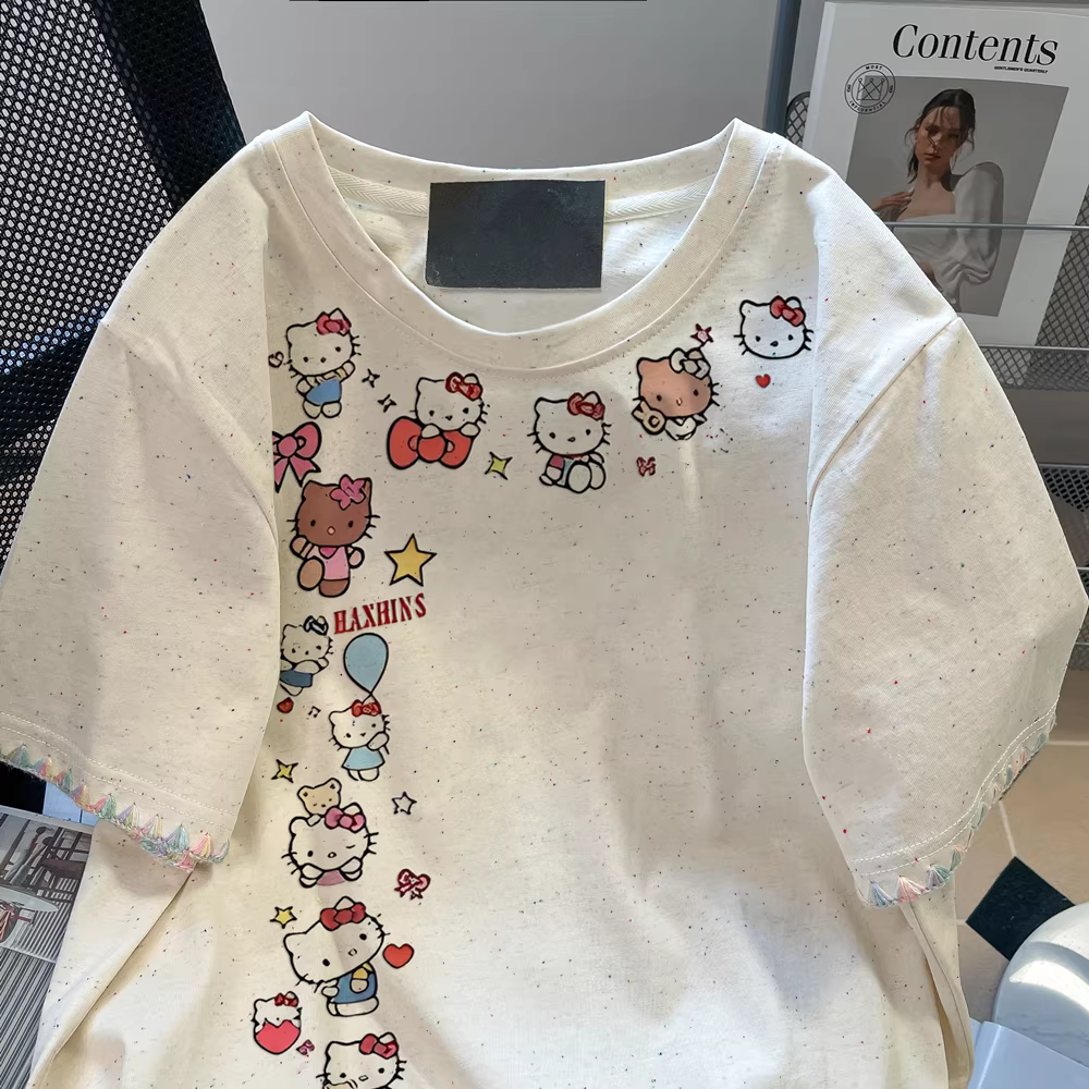 Áo thun Hello Kitty giảm tuổi tác mùa hè xinh xắn và dễ thương dành cho nữ sinh, áo thun ngắn tay giản dị bằng cotton nguyên chất độc đáo phong cách Hàn Quốc sang trọng