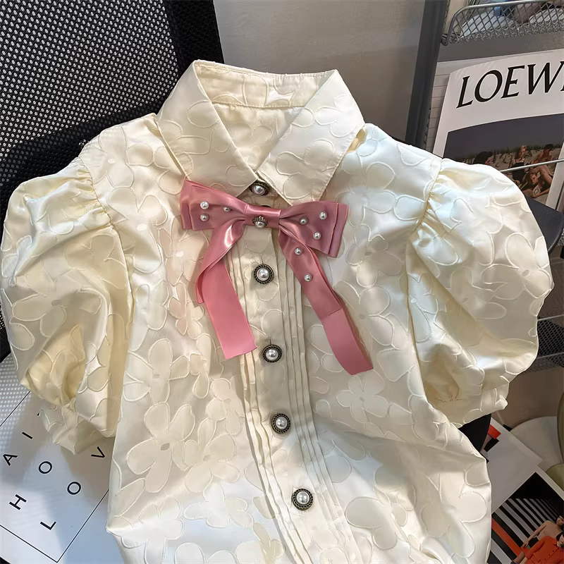 Áo sơ mi ngắn tay kiểu JK jacquard dành cho nữ, thiết kế theo phong cách Pháp mùa hè, kiểu dáng phồng tay ngắn phong cách Hồng Kông