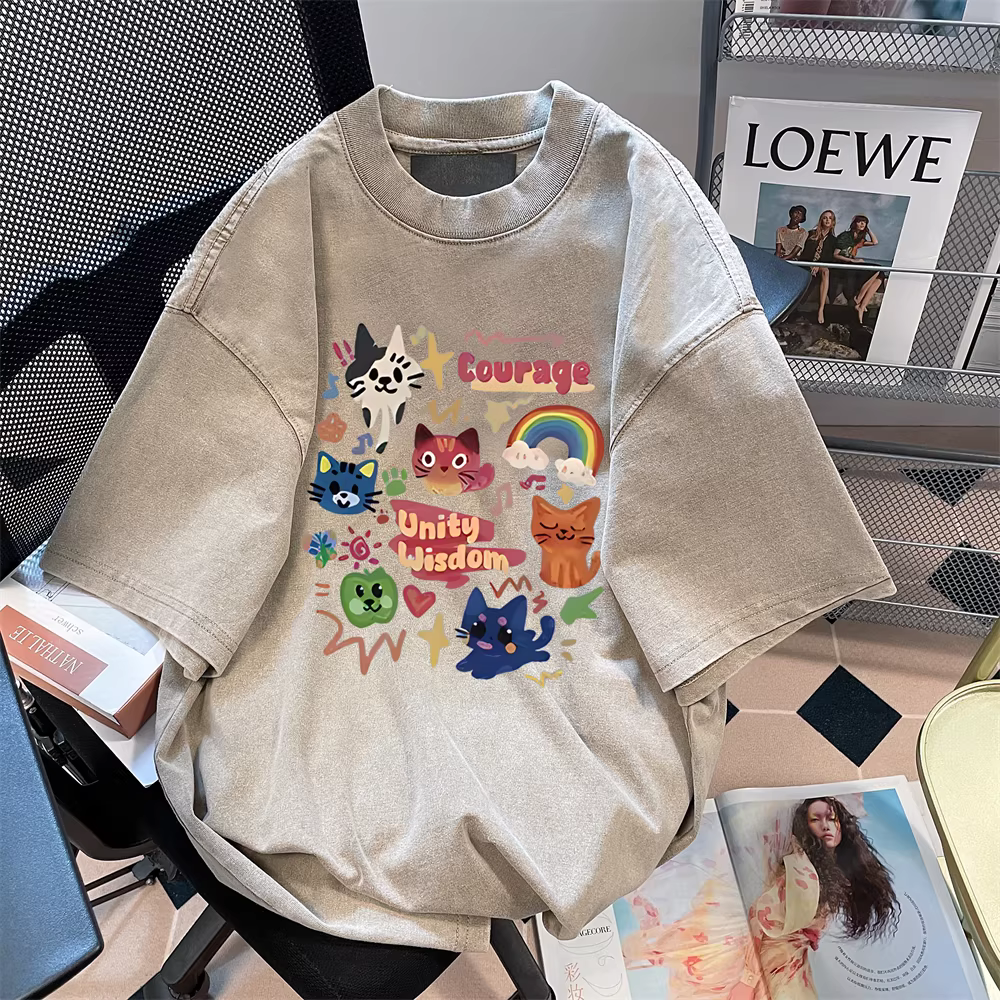 Áo thun ngắn tay phong cách đường phố Mỹ hình mèo hoạt hình ngộ nghĩnh dành cho nữ, áo kiểu dáng rộng rãi, thoải mái, hợp thời trang mùa hè