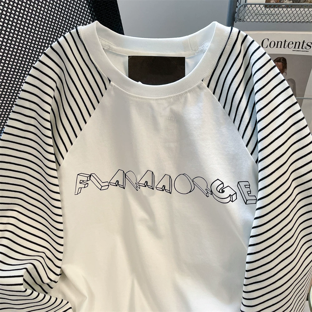Áo thun dài tay raglan sọc cotton nguyên chất có họa tiết chữ chắp vá dành cho nữ, áo bên trong dáng rộng vừa vặn thường ngày mùa thu.