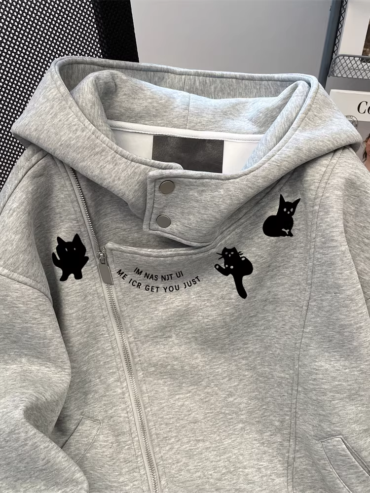 Áo len in hình mèo độc đáo dành cho nữ, phong cách cổ điển sang trọng mùa thu đông phong cách Hồng Kông, áo cardigan ấm áp lót lông cừu