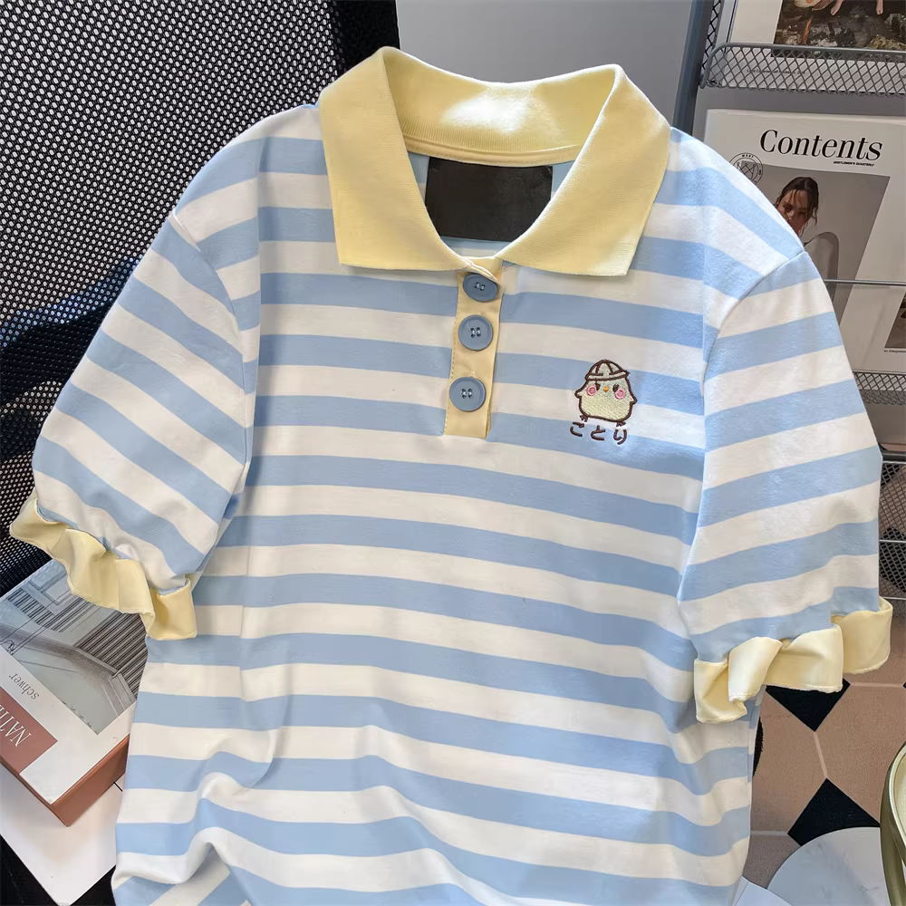 Áo polo thêu hình chú gà nhỏ màu vàng ngọt ngào và dễ thương theo phong cách Nhật Bản dành cho nữ, áo thun ngắn tay sọc màu phong cách đại học mùa hè
