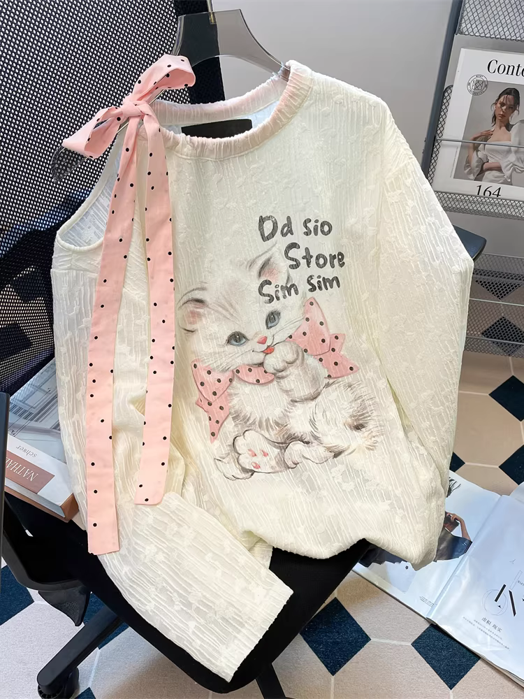 Áo trễ vai thắt nơ độc đáo sang trọng kiểu Hàn Quốc dành cho nữ, áo thun dài tay đa năng chống nắng mùa hè ngọt ngào và cay cay