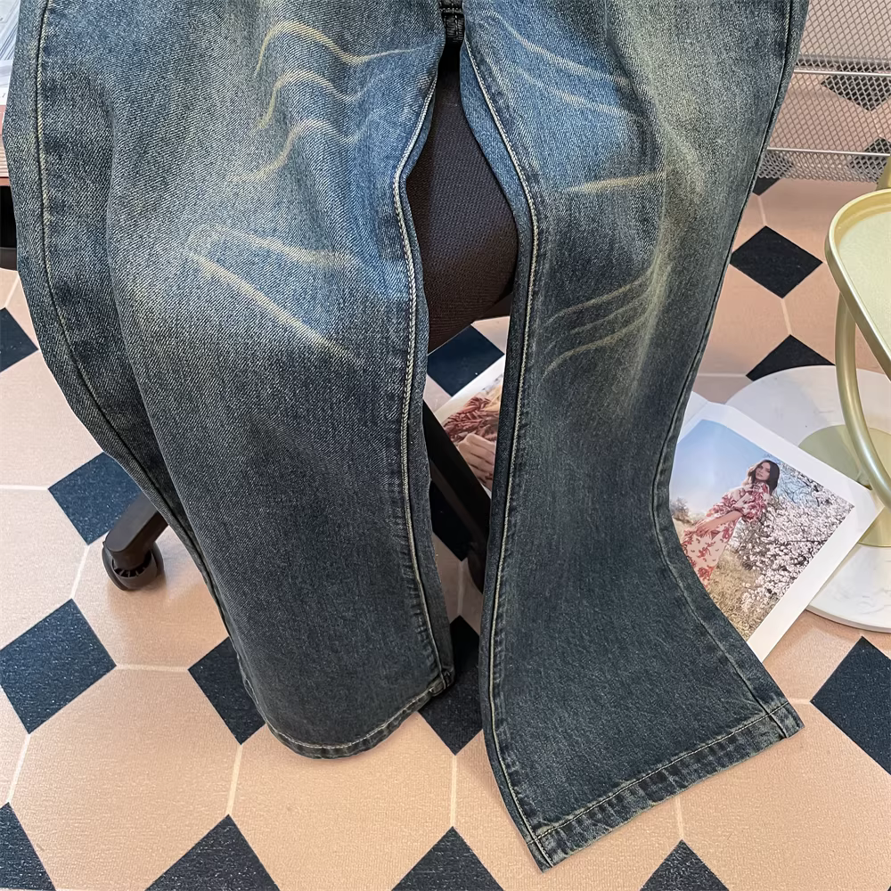 Quần jean ống đứng in chữ phong cách retro Mỹ dành cho nữ, thiết kế mùa hè, quần suông cao eo tôn dáng, kiểu dáng giản dị