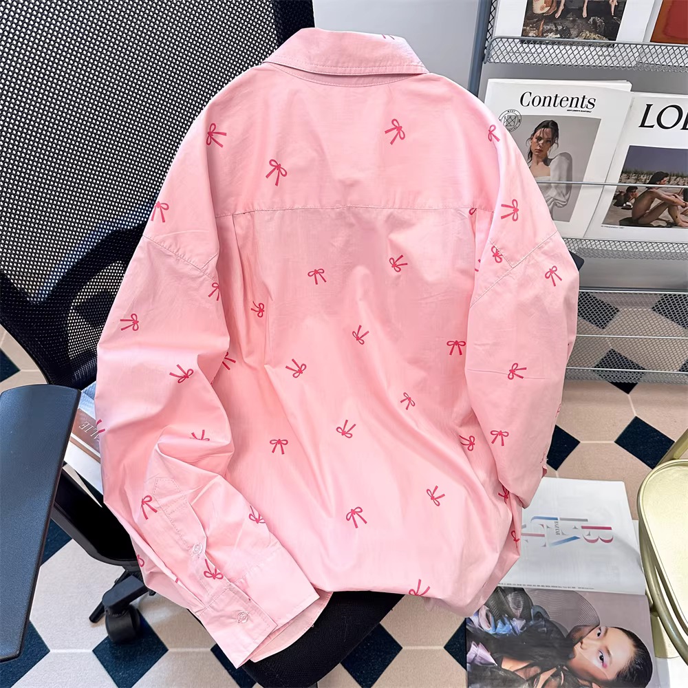 Áo sơ mi nữ in họa tiết nơ ngọt ngào cao cấp, kiểu mới xuân thu 2024, áo dài tay thanh lịch.