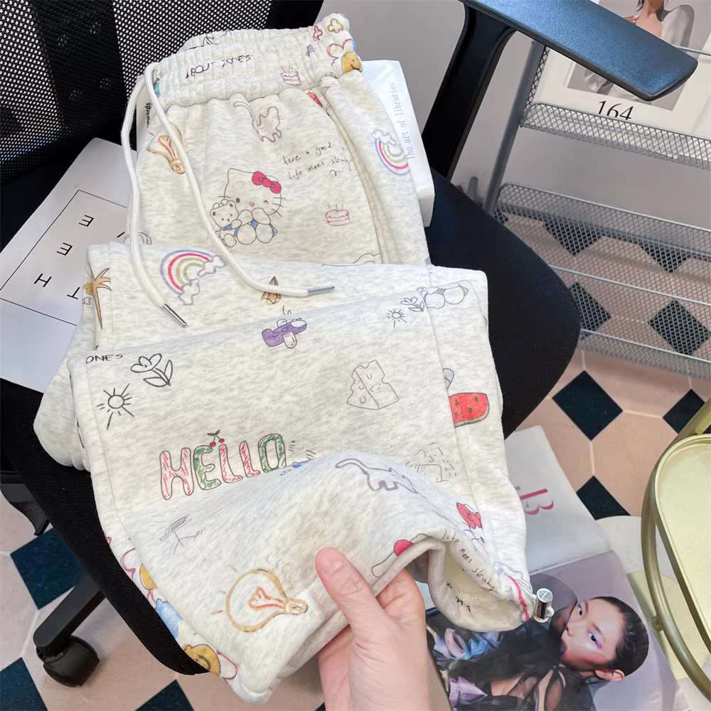 Quần thể thao ống rộng Hello Kitty dễ thương kiểu Nhật màu xám dành cho nữ, lót lông cừu, dày dặn, ấm áp, giản dị, ống thẳng, quần dài mềm mại