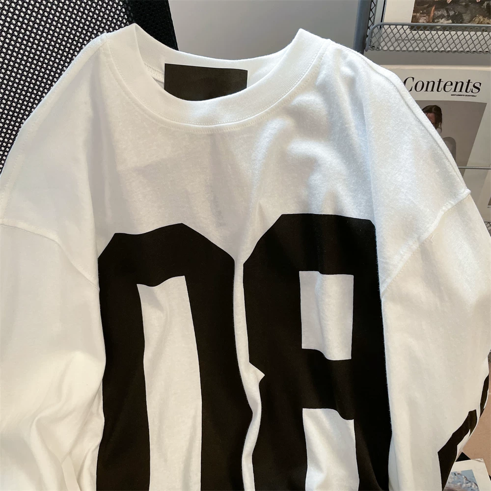 Áo thun dài tay kiểu jersey kỹ thuật số cổ điển của Mỹ dành cho nữ vào mùa thu, áo thể thao thông thường rộng rãi, lười biếng và thoải mái