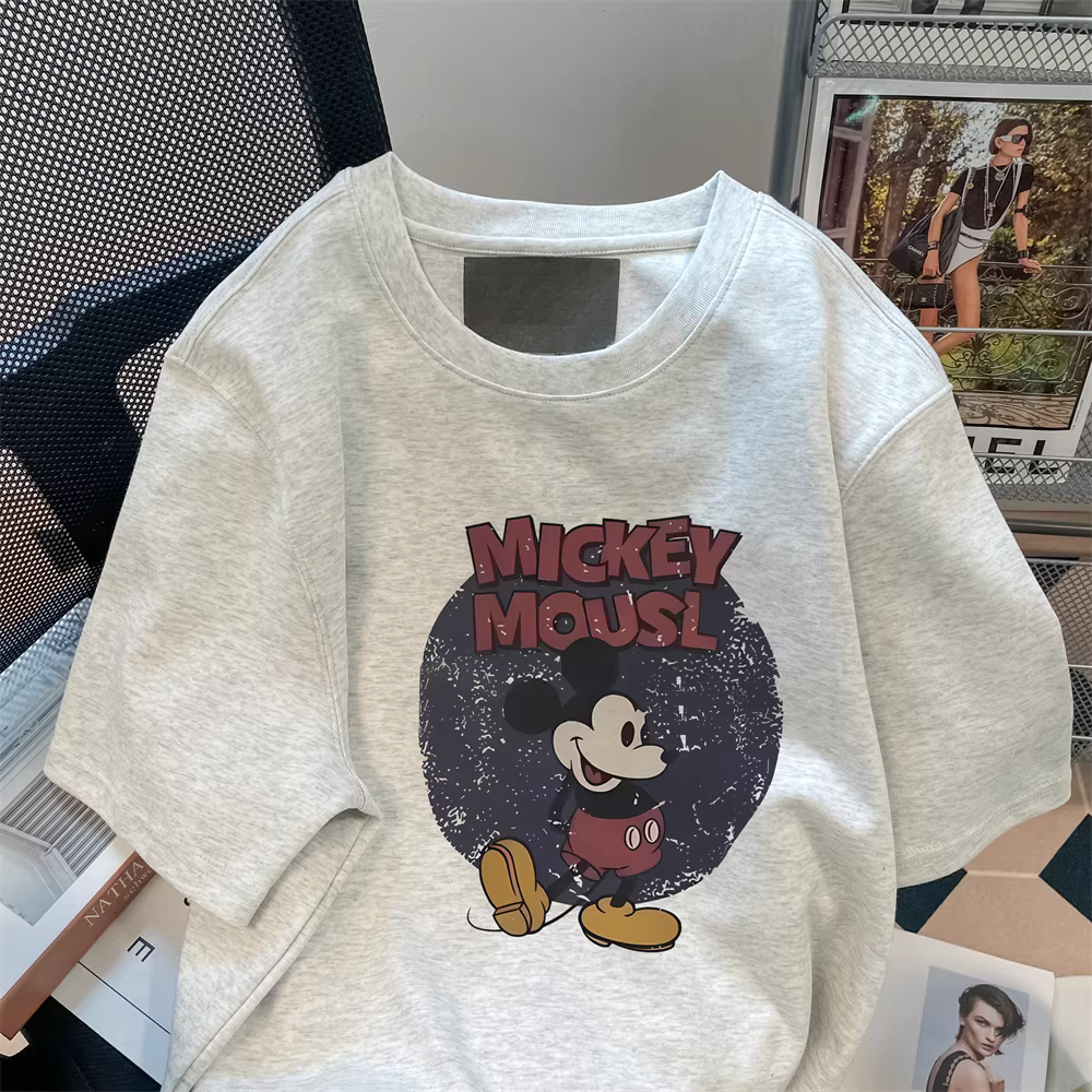 Áo thun nữ Mickey tay ngắn kiểu Mỹ cổ điển, dáng rộng, phong cách preppy mùa hè mới 2025