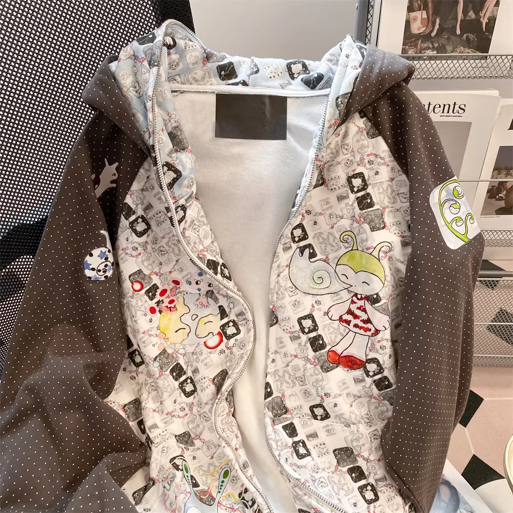 Áo khoác nỉ in họa tiết chấm bi phong cách Nhật Bản dành cho nữ, mùa thu 2025, áo khoác cardigan có mũ đôi độc đáo và siêu phong cách.