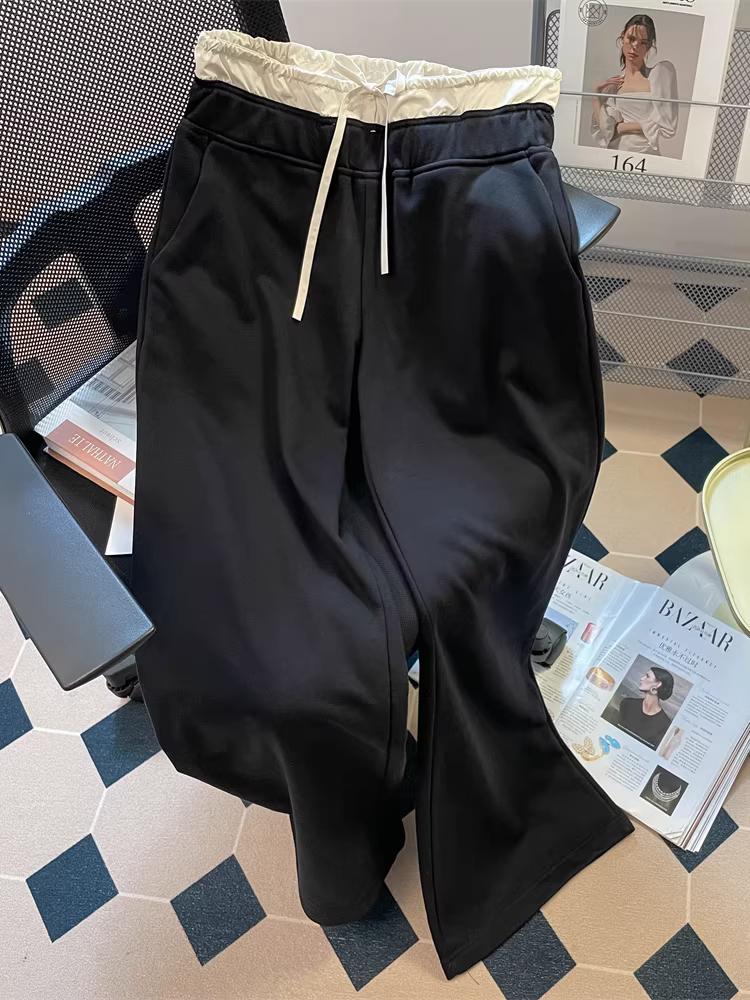 Quần ống rộng có viền eo kép được thiết kế với phối màu tương phản, dành cho nữ, kiểu dáng mùa hè thoải mái, quần dài dáng thẳng, chất liệu mềm mại.