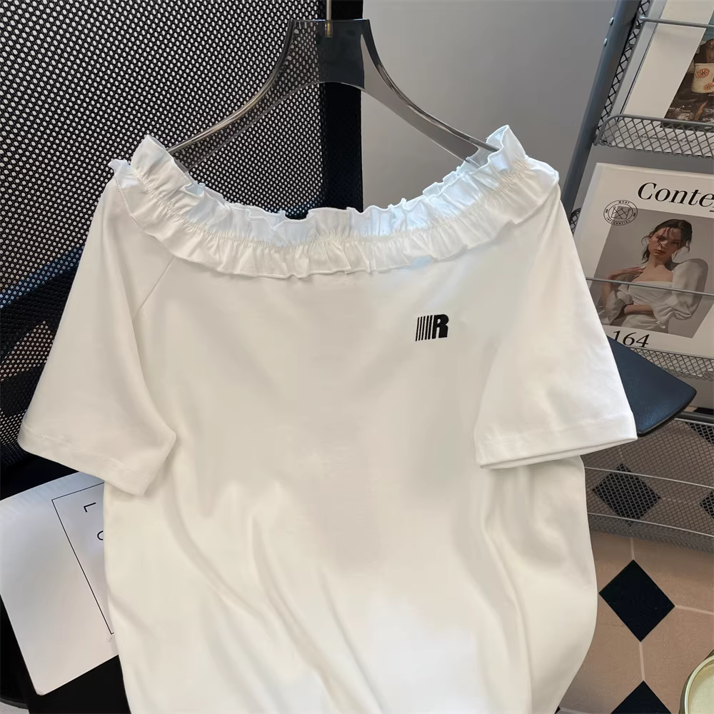 Áo thun nữ tay ngắn, cổ trễ vai, ren, phong cách retro Mỹ, cao cấp, gợi cảm, mùa hè 2025