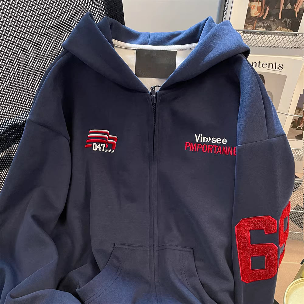 Áo len có mũ trùm đầu thêu chữ theo phong cách retro của Mỹ dành cho phụ nữ vào mùa thu, áo khoác thể thao giản dị theo phong cách đường phố dành cho cặp đôi