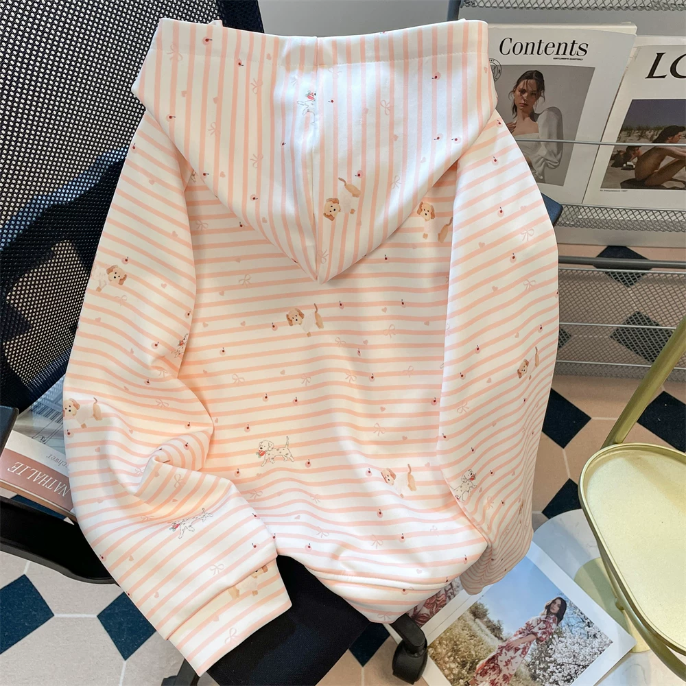 Áo len có dây buộc kiểu Hàn Quốc có sọc mềm mại dành cho nữ, thiết kế mùa thu, áo khoác hoodie phong cách lười biếng độc đáo