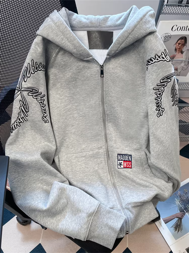 Áo khoác có mũ trùm đầu thêu cao cấp màu xám dành cho nữ, mùa thu đông phong cách Mỹ, áo cardigan dáng rộng kiểu dáng gọn gàng dành cho cặp đôi