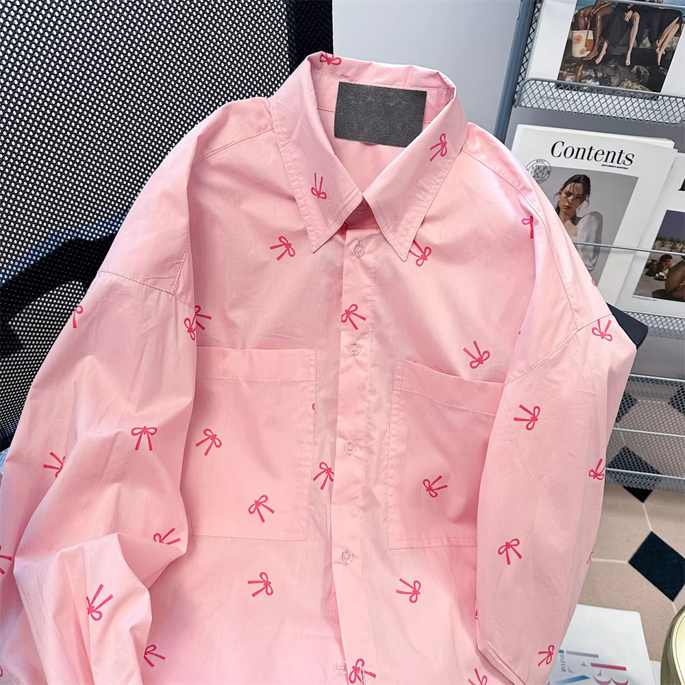 Áo sơ mi nữ in họa tiết nơ ngọt ngào cao cấp, kiểu mới xuân thu 2024, áo dài tay thanh lịch.