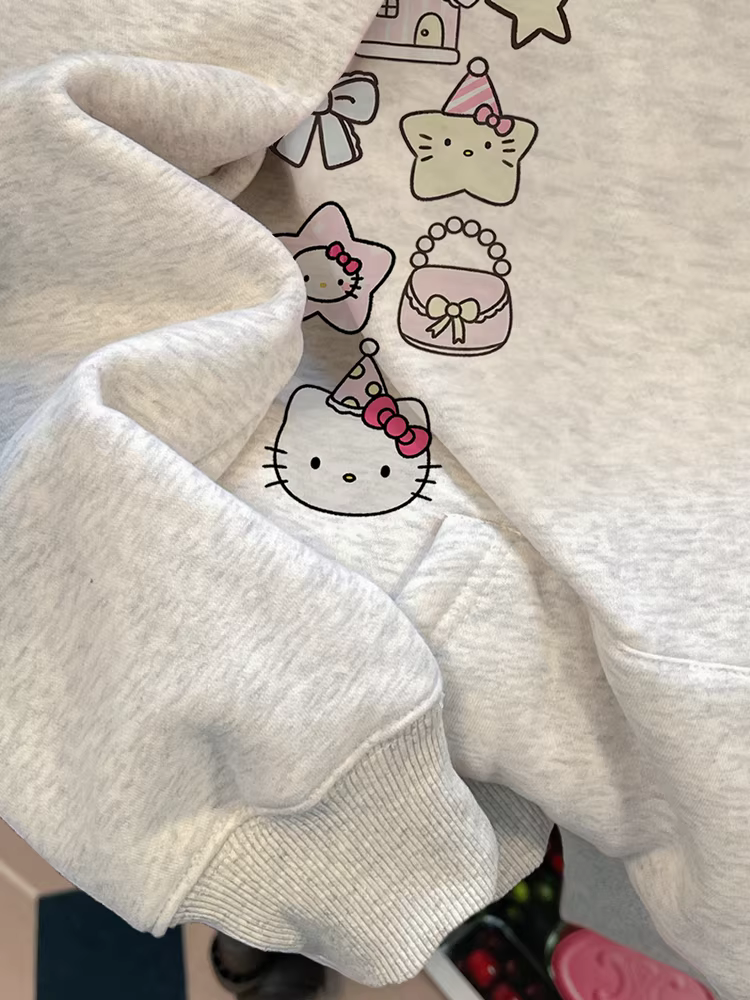 Áo khoác nỉ Hello Kitty hợp thời trang và dễ thương dành cho nữ, phong cách mùa thu, trẻ trung và nhỏ nhắn, áo có mũ màu xám