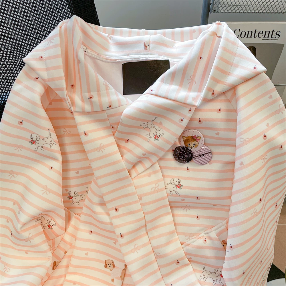 Áo len có dây buộc kiểu Hàn Quốc có sọc mềm mại dành cho nữ, thiết kế mùa thu, áo khoác hoodie phong cách lười biếng độc đáo