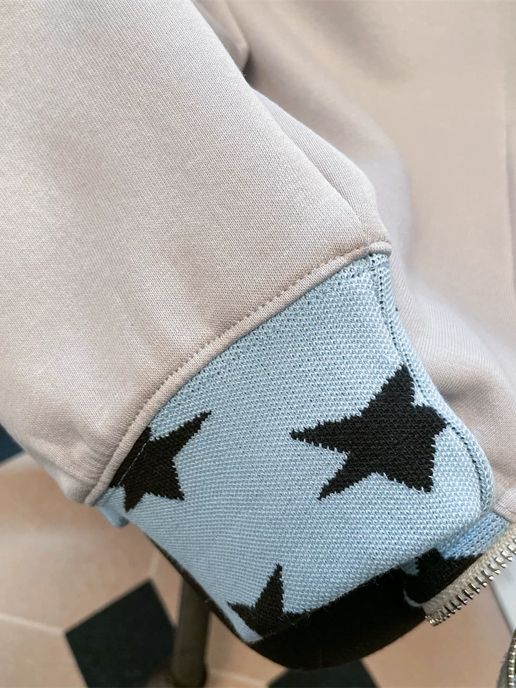 Áo hoodie thêu hình ngôi sao theo phong cách Mỹ dành cho nữ, áo khoác cardigan phong cách y2k mùa thu đông