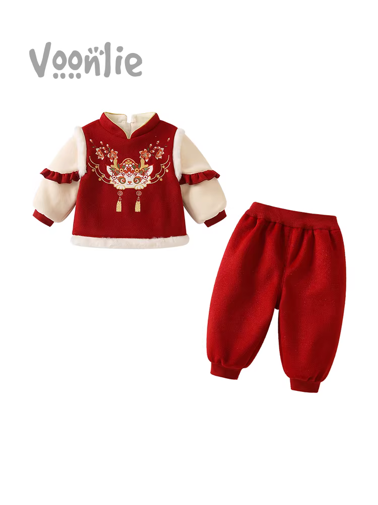 Bộ trang phục mùa đông dành cho bé gái Fanhle Bộ trang phục mùa đông dành cho trẻ em phong cách Trung Hoa Lễ hội Tang Suit Hanfu Váy sinh nhật đầu tiên của bé Trang phục chào mừng năm mới