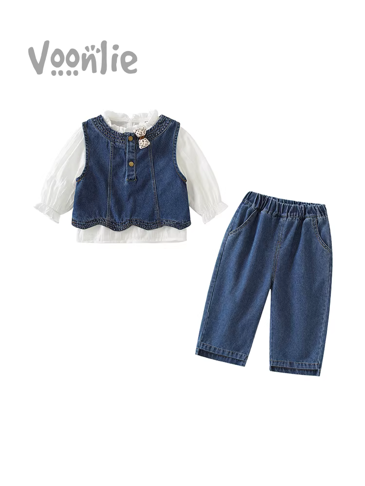 Bộ trang phục bé gái Fanhle Thu Đông 2025 Thời trang mới Quần áo trẻ em Bộ ba denim cho bé mùa xuân thu
