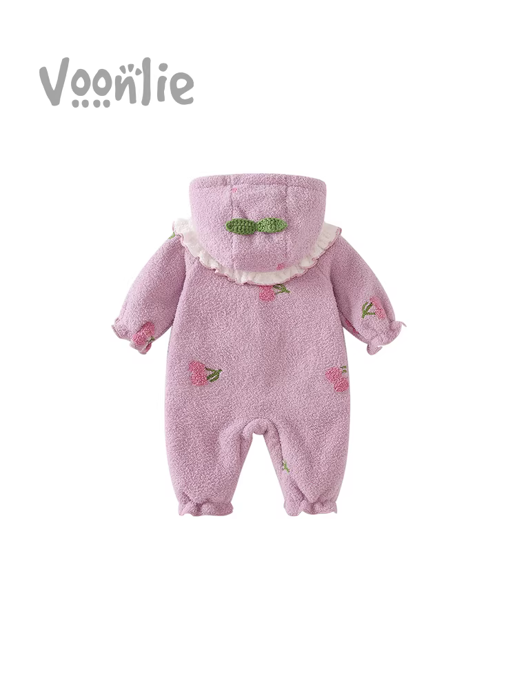 Quần áo trẻ em cho mùa thu đông, bộ liền quần cho bé gái sơ sinh, bộ liền quần lông cừu dày một mảnh siêu dễ thương cho bé tròn tháng, bộ đồ bò mùa đông.