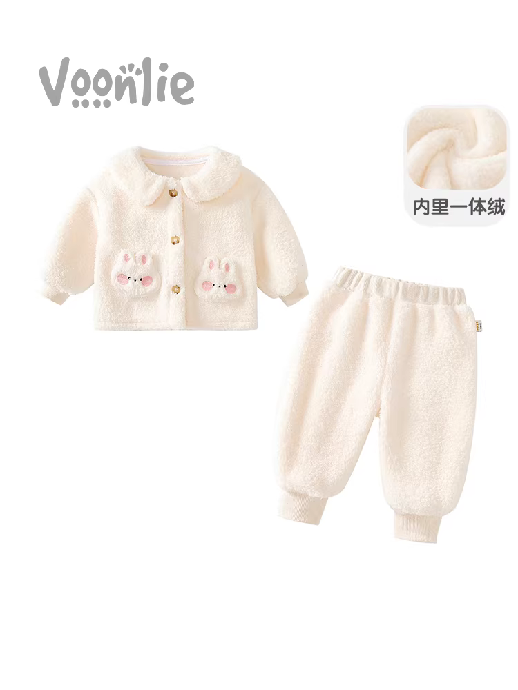 Bộ đồ ngủ bé gái mùa đông 2025, bộ quần áo mặc nhà cho bé sơ sinh, áo và quần lót lông cừu hai mảnh, mùa thu đông