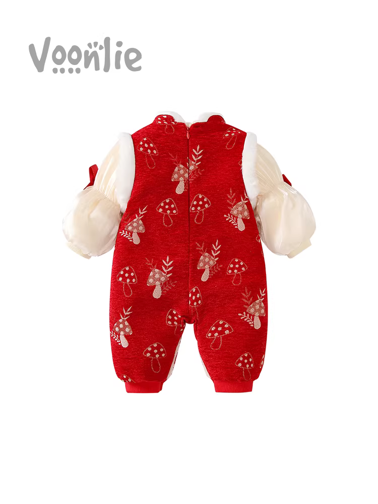 Quần áo trẻ em trang phục mùa đông bé gái sơ sinh áo liền quần lót lông cừu dày đầy tháng trăm ngày chào mừng năm mới áo liền quần mùa đông