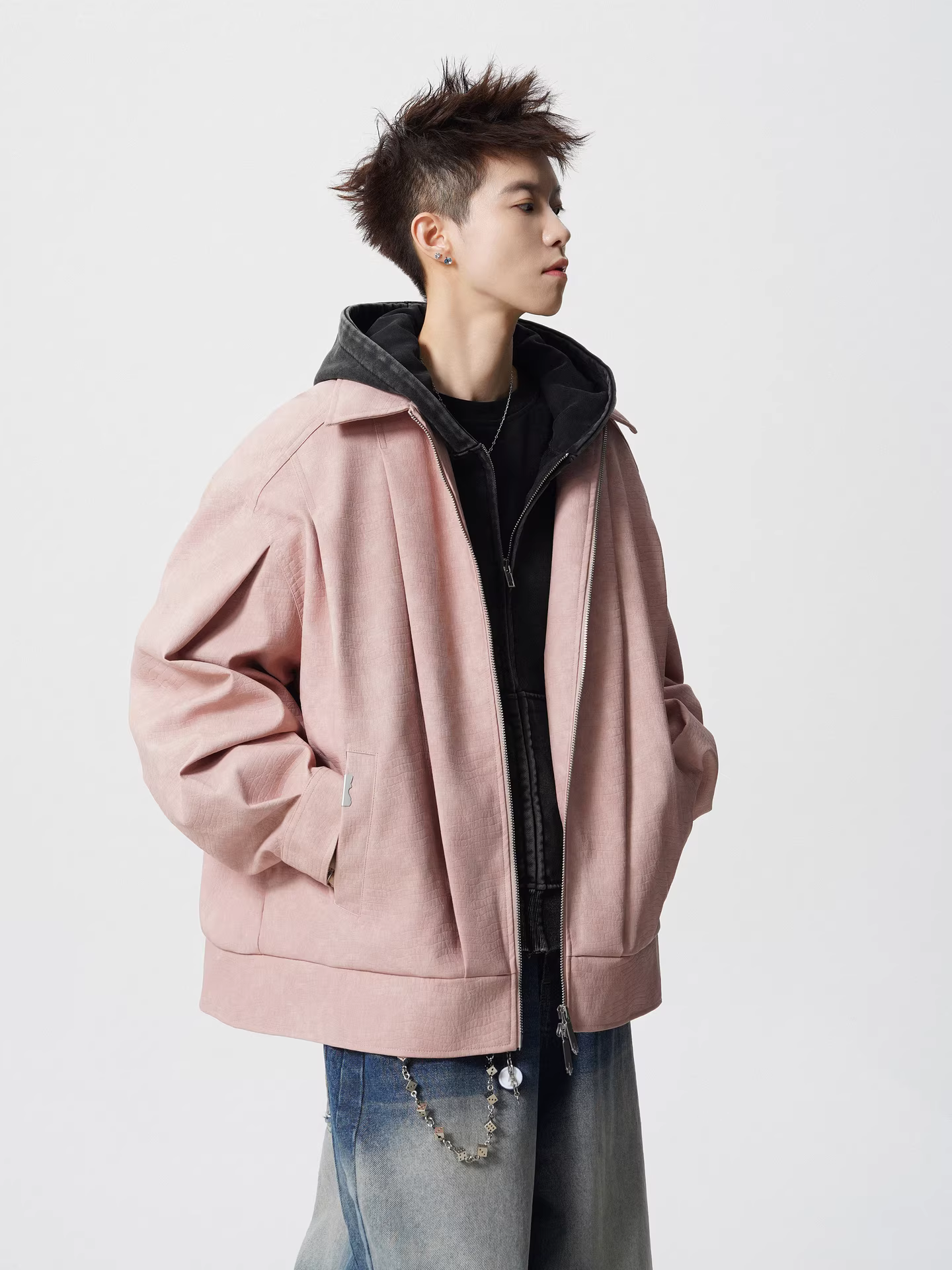 Wukong có sẵn áo khoác da PU kiểu Mỹ, họa tiết cá sấu, dành cho nam, thương hiệu thời thượng, dáng rộng, phong cách đường phố, áo khoác đa năng dành cho cặp đôi.